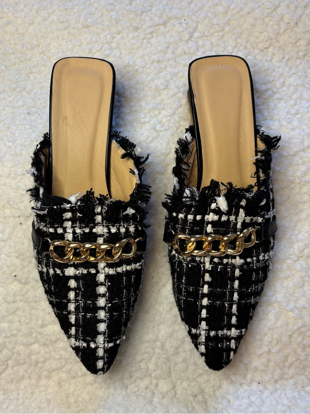 Shein Women Black Tweed Gold Chain Pointed Heel Mules